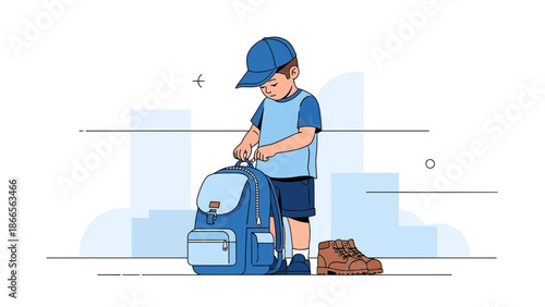 Boy Preparing For School With His Backpack And Boots In A Clean Vector Style