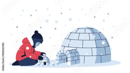 Building An Igloo In The Snow Winter Season Activity Scene Illustration