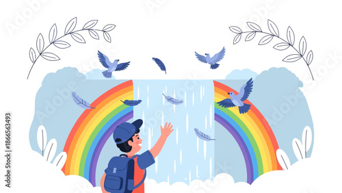 Boy Reaching For Feather And Dove Above Rainbow With Waterfall Landscape