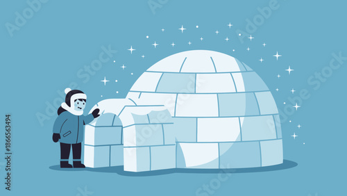 Building Igloo Under Starry Sky In Winter With Happy Child Illustration