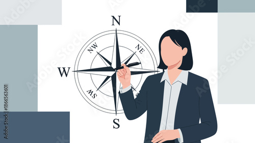Businesswoman Explaining Navigational Strategy with Compass for Directions and Orientation