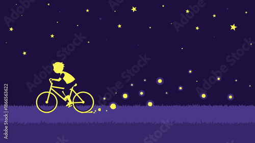 Boy Rides Bicycle Under Starry Sky With Fireflies On Adventure Journey