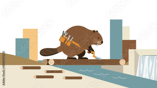 Busy Beaver At Work Constructing A Dam With Tools And Building Materials
