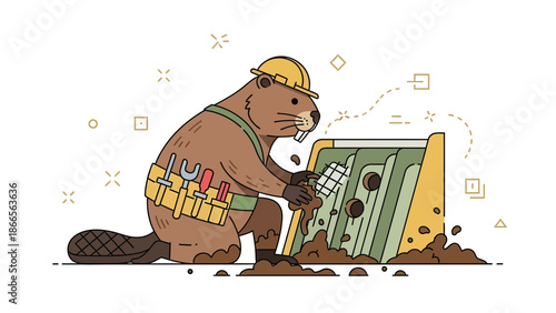 Busy Beaver Builder Constructing a Dam Illustration for Children Books and Education