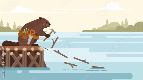 Busy Beaver Building A Dam With Hammer And Saw Near The River