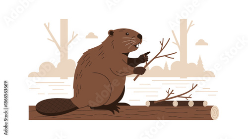 Busy Beaver Building A Dam Vector Illustration For Wildlife Preservation Concept