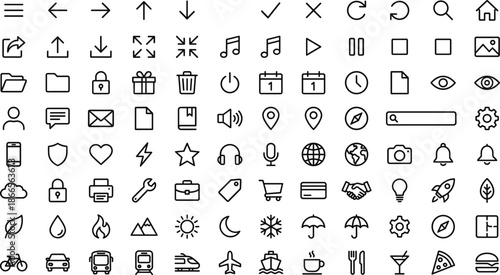 Minimal universal user interface line icon mega set featuring navigation media communication commerce travel weather symbols vector collection design assets