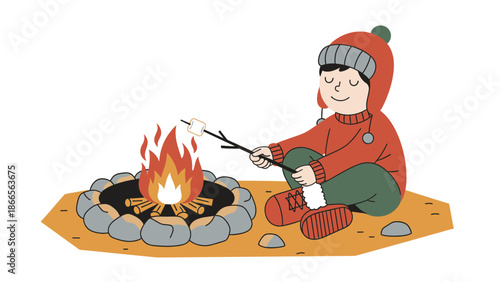 Boy Roasting Marshmallow On Campfire Outdoor Scene Adventure And Summer Fun