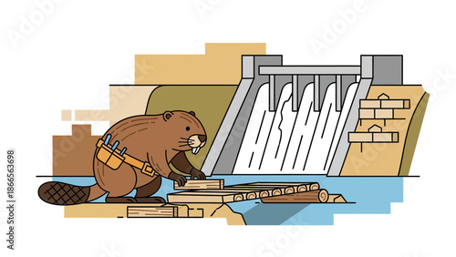 Busy Beaver Building a Dam With Tools And Wood Cartoon Illustration