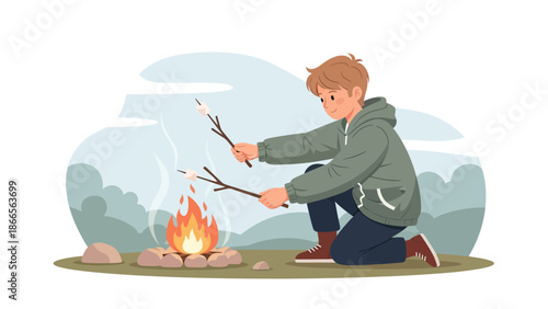 Boy Roasting Marshmallows Over Campfire In Outdoor Setting Adventure Scene