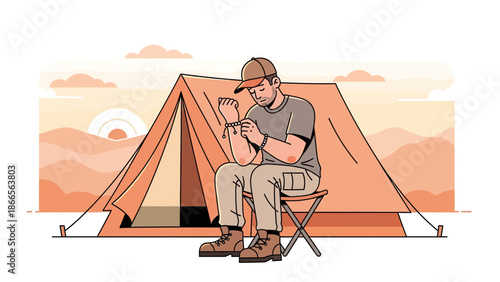 Camper Adjusting Bracelets During Solo Trip in Desertic Landscape at Sunset