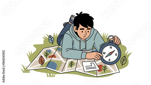 Boy Scout Navigating Outdoors Using Compass and Map Adventure Planning