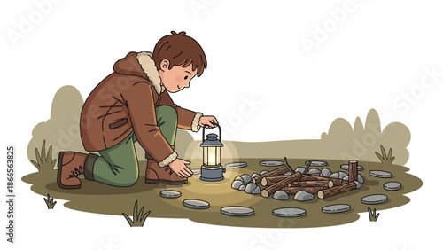 Boy Scout Lights Campfire, Adventure Exploration Outdoors Activities Under Moonlight