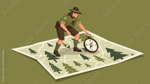 Boy Scout Navigating Wilderness Trails With Compass And Map Illustration Design