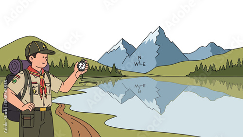 Boy Scout Navigating With Compass At The Lake Landscape Outdoor Expedition
