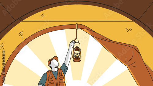 Camper Lights A Lantern Inside The Tent For A Cozy Camping Adventure