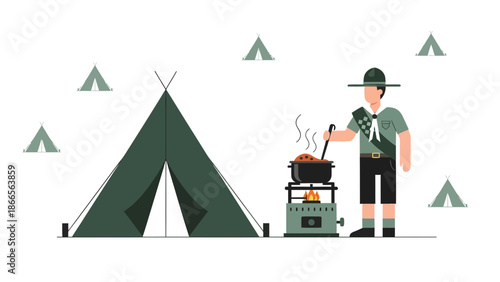 Boy Scout Preparing Food at Campsite Amidst Tents Cartoon Illustration