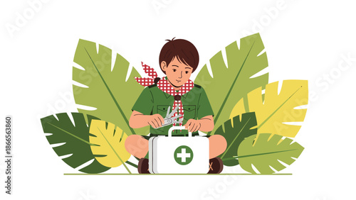 Boy Scout Preparing First Aid Kit In Tropical Nature Setting Illustration