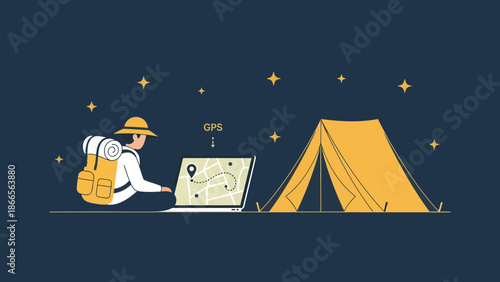 Camper Planning Adventure With Digital Map Next To Tent Under Starry Sky