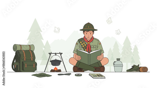 Boy Scout Reading Outdoors With Campfire And Gear In Natural Setting Illustration