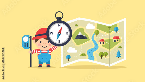 Boy Scout Reading Map Using Compass For Outdoor Adventures And Exploration