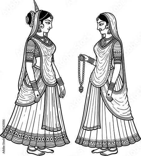 Two indian women in traditional attire with jewelry and accessories standing side by side in elegant poses