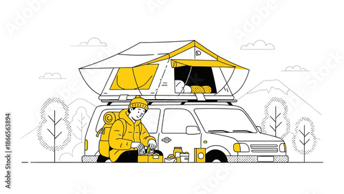 Camper Prepares Meals At His Car With Rooftop Tent Adventure Concept