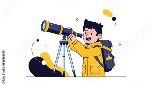 Boy Scout Using Telescope Exploring Cosmos Isolated Flat Vector Illustration