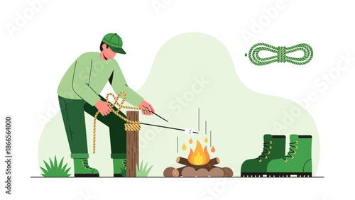 Camping Adventure: A Man Roasting Marshmallows Over a Campfire with Outdoor Gear