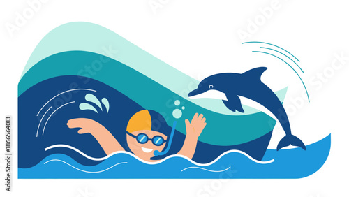 Boy Swims With A Dolphin Illustration In The Ocean Waves With Snorkel And Goggles