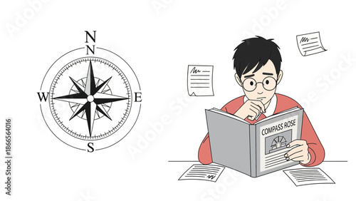 Boy Studying Compass Rose Navigational Tool And Geographical Direction Exploration