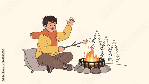 Boy Toasting Marshmallows Around The Bonfire Enjoying Warmth And Nature