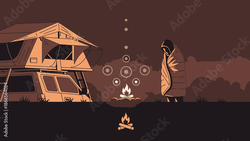 Camping Adventure Featuring a Roof Top Tent and Solitary Figure Next to Campfire