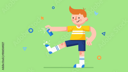 Boy Treating Foot Odor With Spray Antifungal Before Wearing Shoes On Green Backdrop