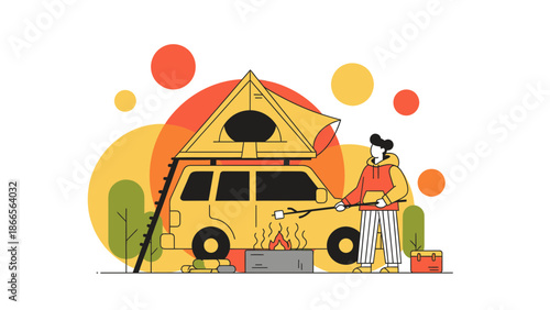 Camping Adventure: Flat Vector Illustration Of Vanlife Lifestyle And Marshmallow Roasting