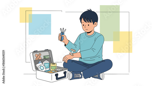 Boy Treats Small Wound At Home With First Aid Kit In An Emergency