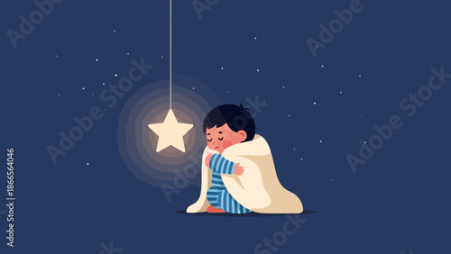 Boy Under Blanket Next To Glowing Star In Night Sky Cartoon Illustration