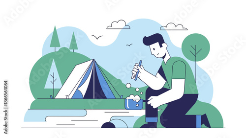 Camping Adventure Man Prepares A Meal With Tent Trees And River Scene