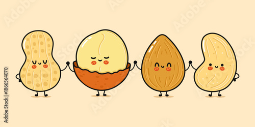 Cute cartoon nuts holding hands symbolizing friendship and unity