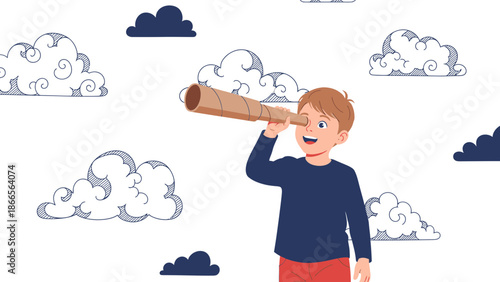 Boy Using Spyglass To Look Through Cloudy Skies With Exploration Theme
