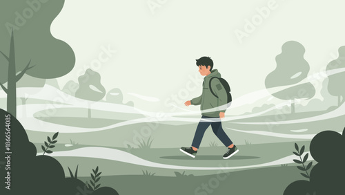 Boy Walking In Nature Enjoying The Fresh Air On An Adventure Trip