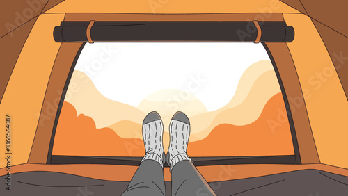 Camping Adventure Person Relaxing In Tent With Mountain View At Sunset