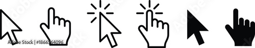 Mouse cursor and hand click pointer icon set illustrating user interaction clicking tapping selection actions for modern interface design