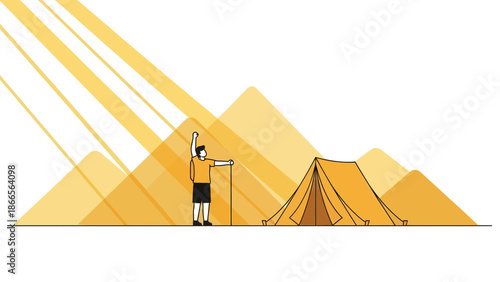 Camping Adventure Under Golden Sunlight In The Mountain Landscape Silhouette