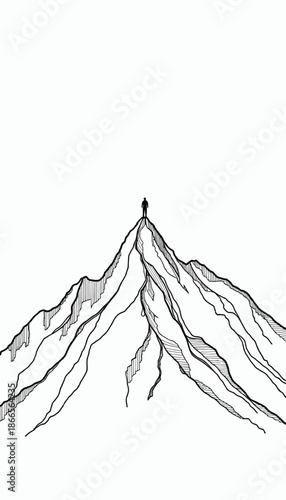 Minimalistic illustration of a solitary figure standing on the peak of a rugged mountain, emphasizing themes of solitude, achievement, and the majesty of nature