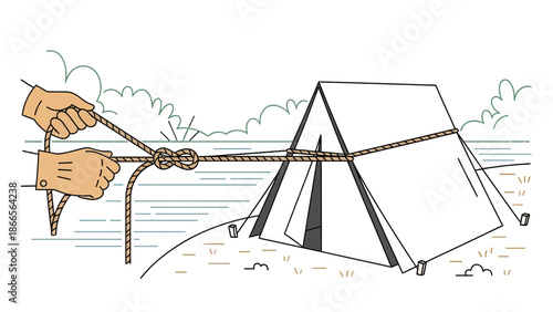 Camping Scene Of Tent With Hands Tying Knot Line Art Illustration