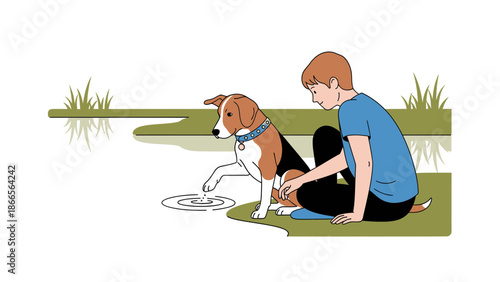 Boy With His Dog Playing And Enjoying Together Near The Calm Lake