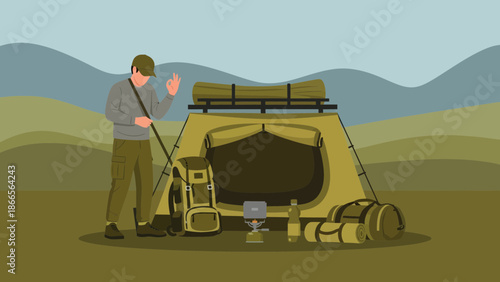 Camping Trip: A Lone Hiker Gets Ready for Adventure in the Outdoors