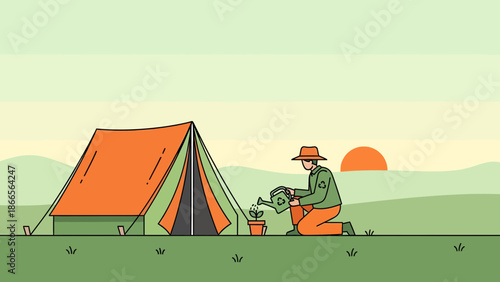 Camping Trip And Planting Seedlings In The Nature Scenery Illustration