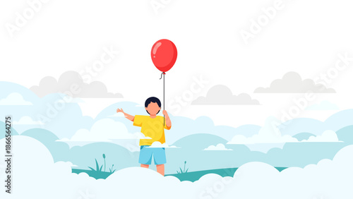 Boy With Red Balloon On A Dreamy Cloudscape Represents Happiness And Freedom
